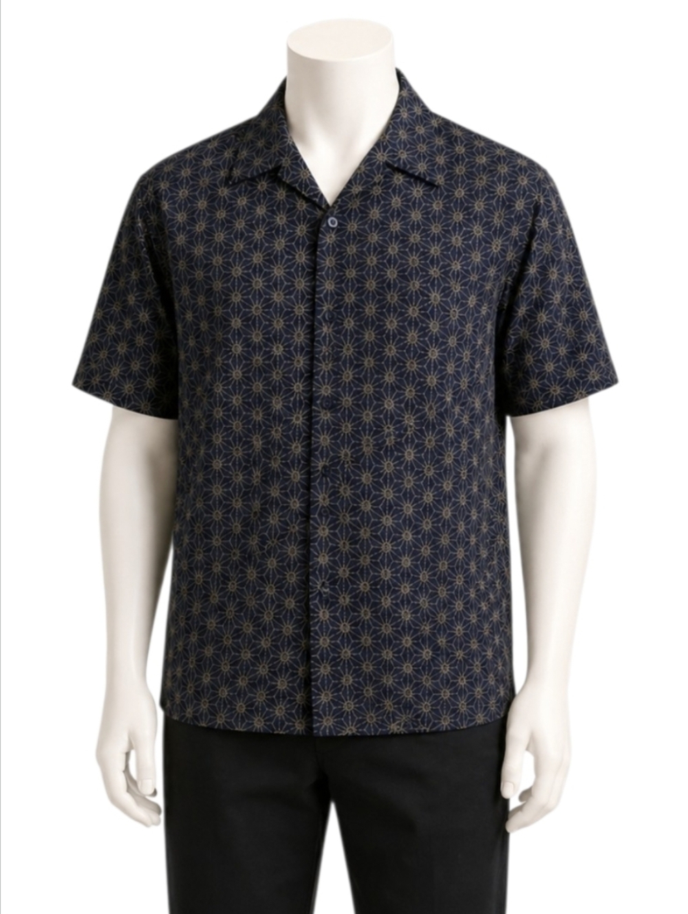 MAHARISHI | Navy Geometric Print Cotton Camp Collar Shirt Size M